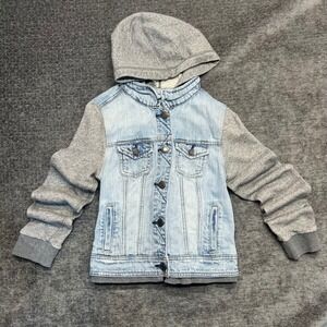 American Eagle Outfitters Kids Denim Jacket Hoodie Gray Sleeve Blue Jeans Size M